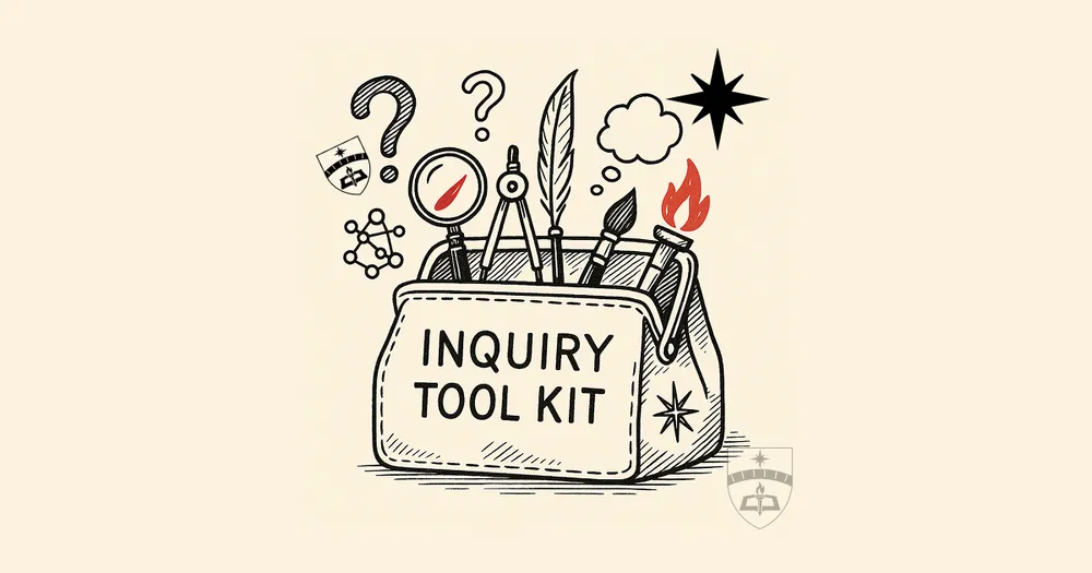 An inquiry tool-kit, sybolized by an open tool bag with icons of structured inquiry strategies.